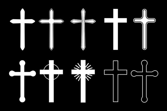 Vector crosses drawn in white paint. Contours of the crucifix of various shapes. Christian symbol. Catholic crucifix. Stock Photo.