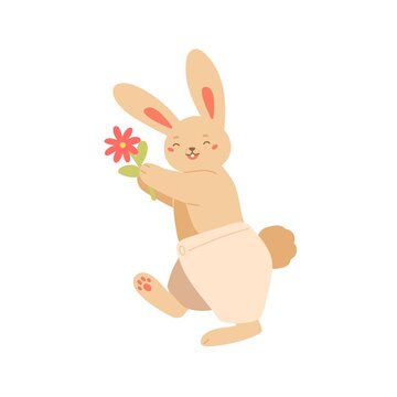 Cute smiling rabbit with flower vector flat illustration. Joyful bunny in funny trousers isolated on white background. Childish happy animal walking with colorful blossom plant