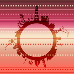 Circle with sea shipping and travel relative silhouettes. Objects located around the circle. Industrial design background.
