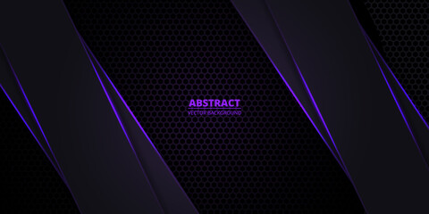 Carbon fiber dark violet background with purple neon luminous lines and highlights. Abstract dark hexagon carbon fiber, technology, futuristic, modern background. Vector illustration EPS10.