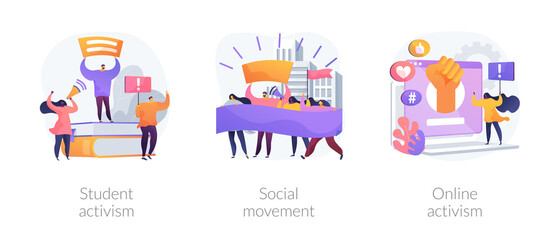 Fototapeta premium Political and social change abstract concept vector illustration set. Student and online activism, social movement, big crowd, mass protest, group action, digital communication abstract metaphor.