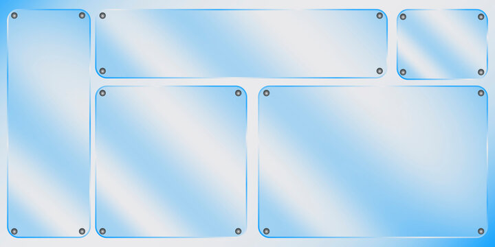 Sign of glossy plexiglass. Acrylic plaque from plexi. Rectangular glass texture. Realistic blank panel on a blue background. Vector image. Stock Photo.