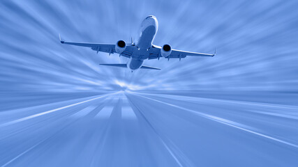 White Passenger plane fly up over take-off runway from airport with motion blur effect.