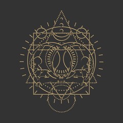 Mystery, witchcraft, occult and alchemy tattoo sign. Mystical vintage gothic geometry thin lines symbol with silhouettes of a women. Grunge style illustration