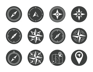 compass rose navigation cartography travel explore equipment icons set silhouette design icon