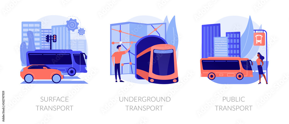 Sticker urban passengers transportation icons set. city commute bus, subway. surface transport, underground 