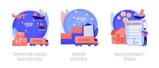 Global trade, distribution and logistics metaphors. Goods and services import, export control, sales contract terms. Maritime, air and land shipment abstract concept vector illustration set.
