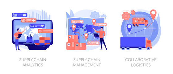 Fototapeta Logistics operations control, delivery service administration. Supply chain analytics, supply chain management, collaborative logistics metaphors. Vector isolated concept metaphor illustrations. obraz