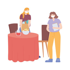 covid 19 coronavirus social distancing prevention, women standing in isolation in distance, people with medical face mask