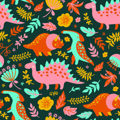 DINO PAPER Grunge Prehistoric Cartoon Animals Seamless Pattern Vector Illustration for Print Fabric and Digital Paper