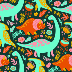 Obraz premium DINO PRINT Grunge Prehistoric Cartoon Animals Seamless Pattern Vector Illustration for Fabric and Digital Paper