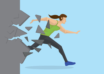 Illustration of a woman power breaking through the wall. Breakthrough challenge concept