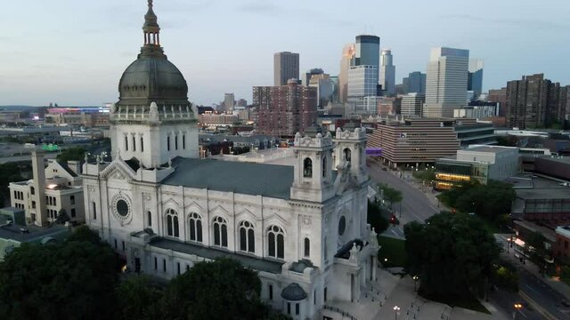 aerial view of saint mary church in downtown minneapolis with the skyline in the background