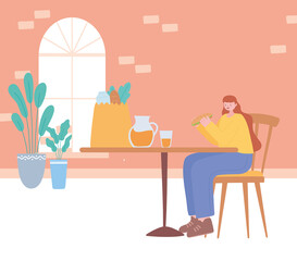 restaurant social distancing, woman eating alone in table, covid 19 pandemic, prevention of coronavirus infection