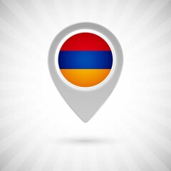 Obraz premium Shiny map pin with flag of Armenia country. Abstract map marker with flag over classic background