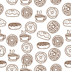 Doughnut seamless vector pattern draw in doodle style with brown color suitable for background or wallpaper 