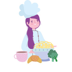 stay at home, female chef with noodle bread broccoli cartoon, cooking quarantine activities