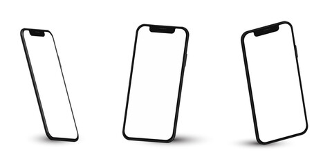Mobile phones mockup in different angles isolated, 3d perspective view cellular mockup with white empty screen isolated for showing ui ux app design or website. Realistic smartphone mockup.