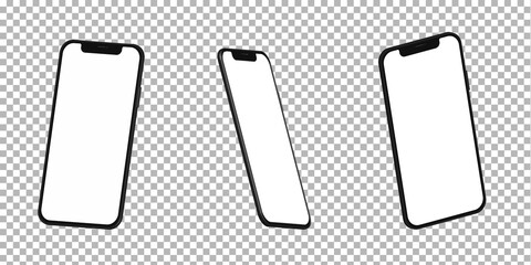 Mobile phones mockup in different angles isolated, 3d perspective view cellular mockup with white empty screen isolated for showing ui ux app design or website. Realistic smartphone mockup.