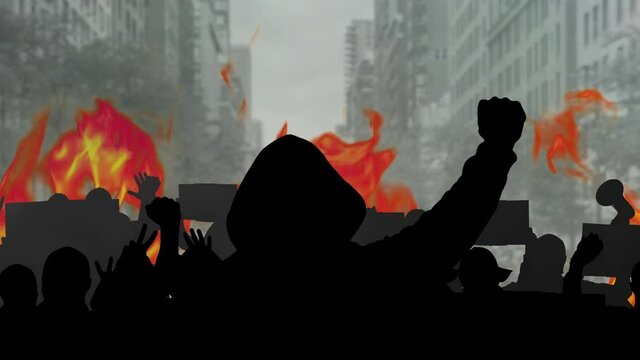 Crowd silhouette protesters riot smoke fire on city street background. People unrest with fire and smoke on urban street. National strike for fight for human rights. Social revolution rebellion