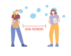 covid 19 coronavirus social distancing prevention, women standing in isolation in distance, people with medical face mask