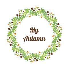 Wreath of autumn leaves. Round frame. Background with hand-drawn autumn leaves. Isolated items. Vector
