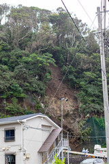 Landslide in Japan caused by heavy rain, a disaster where the cliff has collapsed onto the road...