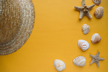 Marine theme. Women's straw hat, scarf and seashells. vacation at sea. summer beach accessories