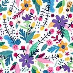 Naklejki  Childish seamless pattern with flowers. Perfect for kids fabric, textile, nursery wallpaper. Vector Illustration.