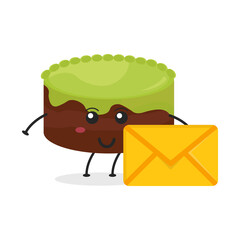 Cute flat cartoon birthday cake holding an envelope illustration. Vector illustration of cute birthday cake with a smiling expression. Cute cake with an envelope mascot design
