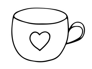 A cup drawn in black line on a white background.  The cup is decorated with heart.  Doodle style.  Vector illustration.