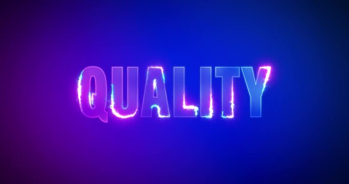 Quality. Electric lightning words. Burning Logotype on pink blue background. High quality 4k footage