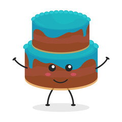 Cute flat cartoon birthday cake illustration. Vector illustration of cute birthday cake with a smiling expression. Cute cake mascot design