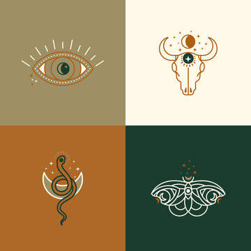 A set of mystical and esoteric logos in a trendy minimal linear style. Vector emblems butterfly, cow skull, eye, moon