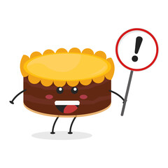 Cute flat cartoon birthday cake holding a sign illustration. Vector illustration of cute birthday cake with a smiling expression. Cute cake with a sign mascot design