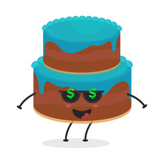 Cute flat cartoon birthday cake illustration. Vector illustration of cute birthday cake with a smiling expression. Cute cake mascot design