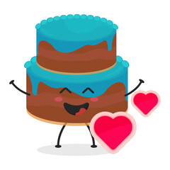 Cute flat cartoon birthday cake illustration. Vector illustration of cute birthday cake with a smiling expression. Cute cake mascot design