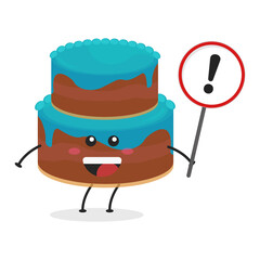 Cute flat cartoon birthday cake holding a sign illustration. Vector illustration of cute birthday cake with a smiling expression. Cute cake with a sign mascot design