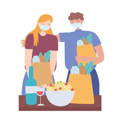 covid 19 coronavirus social distancing prevention, couple with face mask holding grocery bags keeping distance