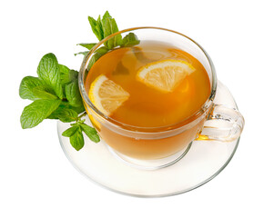 Mint tea. Green tea hot drink in glass Cup with saucer and healthy peppermint leaf, lemon isolated on white background