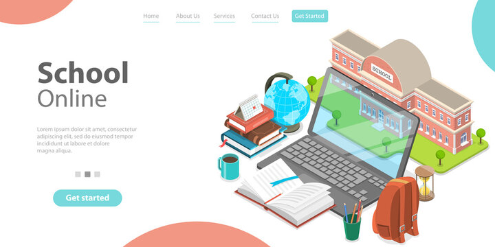 3d Online School Concept, Landing Page Template for Website, Distance Courses and E-learning, Back to Digital School.