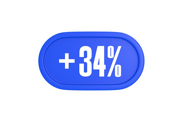 34 Percent increase 3d sign in blue color isolated on white background, 3d illustration.
