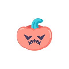 Stitched pumpkin mouth emoji flat icon, vector sign, Halloween pumpkin emoticon colorful pictogram isolated on white. Symbol, logo illustration. Flat style design
