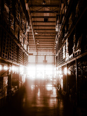 Warehouse cargo building store, warehouse interior with shelves, pallets and boxes for stock and sorting shipment goods in freight, logistics and transportation industrial