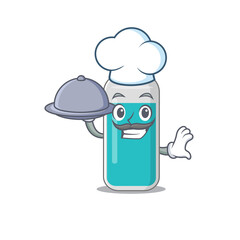 mascot character style of medical test bottle chef serving dinner on tray
