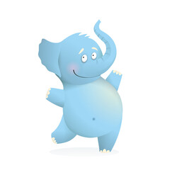 Cheerful jumping baby blue Elephant character for kids. Cute happy elephant animal adorable drawing for kids. Watercolor style cartoon vector illustration