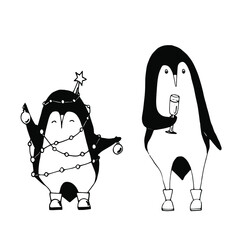 2 vector penguins for Christmas and New Year design. Cute characters of funny animals with a garland, a star, Christmas balls, and a glass of champagne.