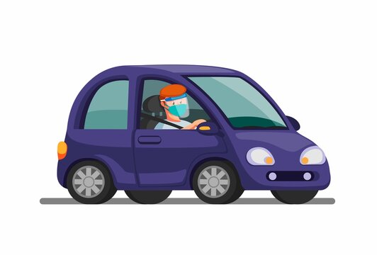 Man Riding Car Wear Mask And Face Shield. Drive Thru, And Rapid Test Symbol In New Normal Activity. Concept In Cartoon Illustration Vector On White Background