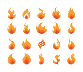 fire flame burning hot glow flat design icons set