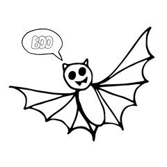 bat and bubble with lettering boo hand drawn in doodle style. vector, scandinavian, monochrome. Template for design card, poster, sticker invitation, animal halloween decor